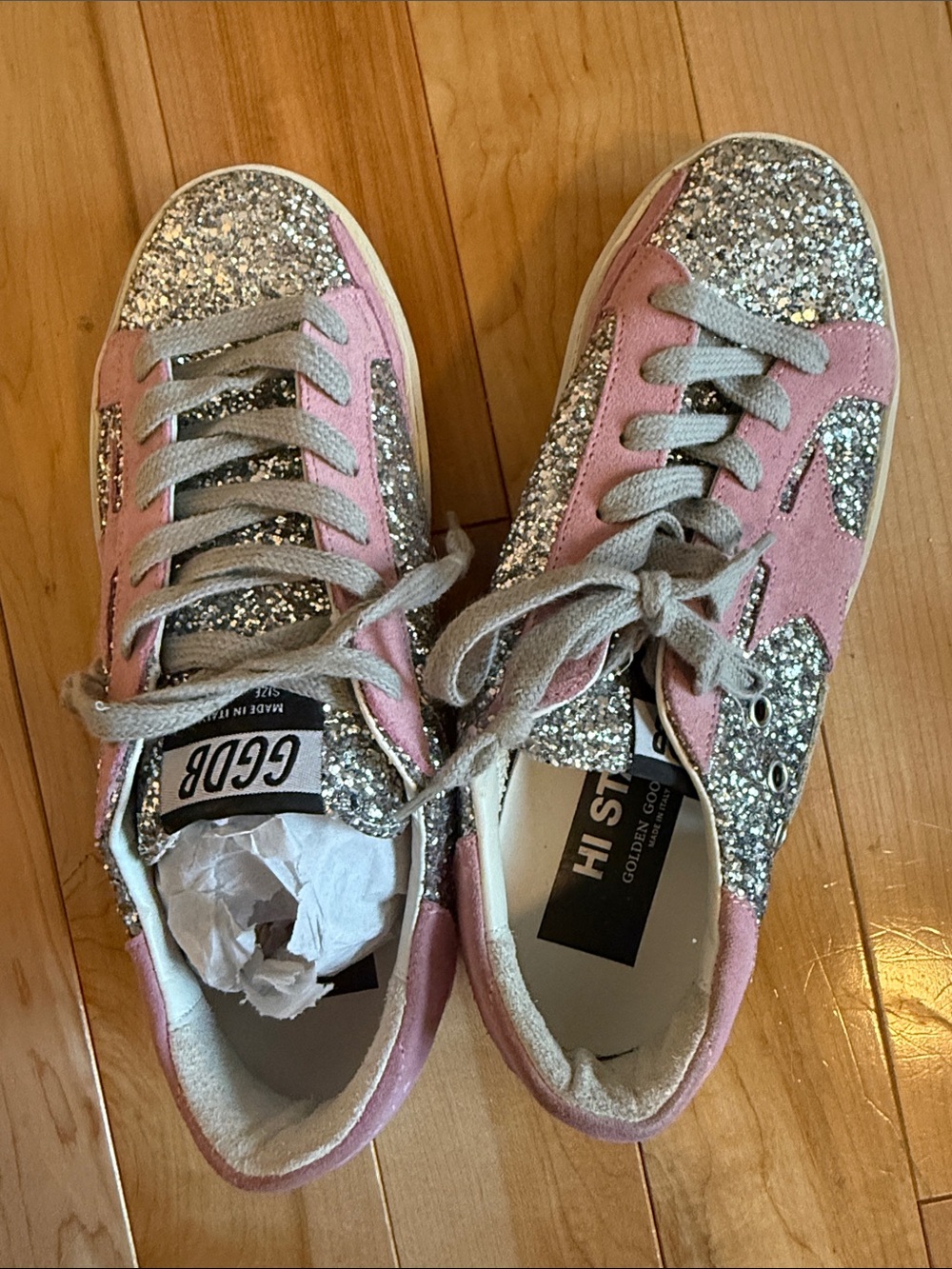 Golden Goose Pink and Silver Glitter Hi Star Sneakers